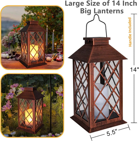 Two Pack 14 Inch Solar Lantern For Outdoor Garden Hanging Use Waterproof LED Flickering Flameless Candles With Warm Glow Auto On At Dusk Up To 24 Hours Backyard Patio Decor Gift For Mom Wife shown with antique copper finish and diamond glass, size 14"x5.5"x5.5"