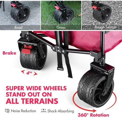 Image of Pink All Terrain Folding Wagon Cart With Big Wheels Heavy Duty Collapsible Utility Cart with 4-inch wide wheels and brake