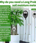 Deep Probe Soil Moisture Meter With 11.02 Inch Long Sensor For Indoor Outdoor Plants Hygrometer Water Monitor Indicator Pro Grade Two Pack Great For Large Pots Flowers Gardening Farming, close-up view next to plant