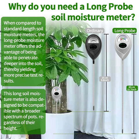 Deep Probe Soil Moisture Meter With 11.02 Inch Long Sensor For Indoor Outdoor Plants Hygrometer Water Monitor Indicator Pro Grade Two Pack Great For Large Pots Flowers Gardening Farming, close-up view next to plant