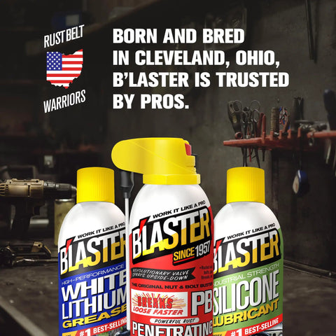 Blaster products in workshop: White Lithium Grease, Penetrating Oil, and Silicone Lubricant with American flag and text "Rust Belt Warriors".