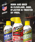 Three B'Laster aerosol cans for automotive use on a workbench, highlighting PB Penetrating Oil Spray, White Lithium Grease, and Silicone Lubricant.