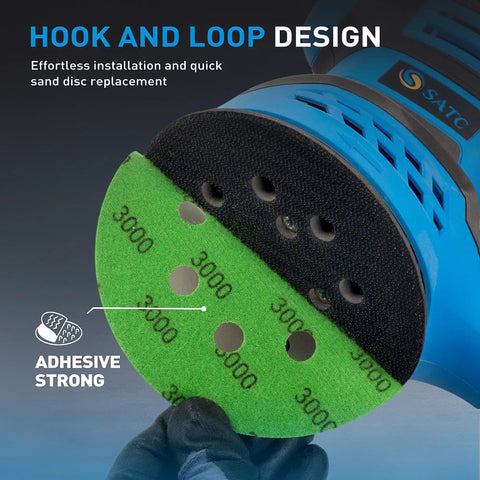 Get That Shiny Finish With These 100 Assorted 5 Inch Wet Dry Sanding Discs featuring 8 holes hook and loop design attached to sander.