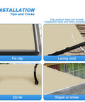 Installation methods for Beige Shade Cloth 6x300 Feet, showing fix clip, lacing cord, zip tie, and staple or screw options.