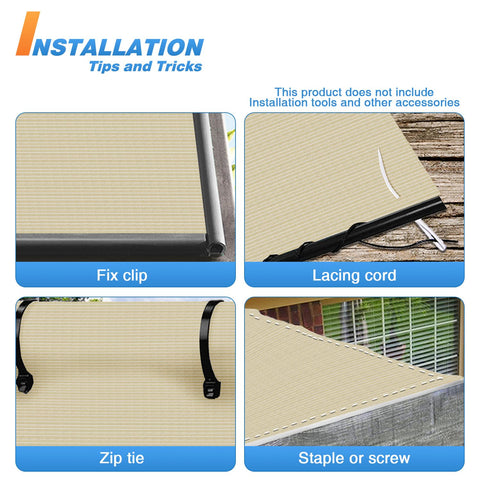 Installation methods for Beige Shade Cloth 6x300 Feet, showing fix clip, lacing cord, zip tie, and staple or screw options.