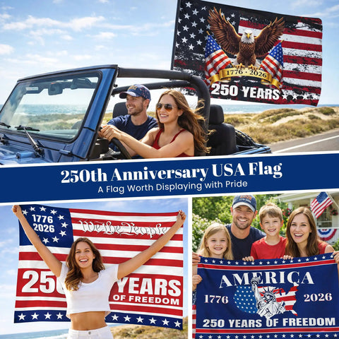 People displaying 250th Anniversary USA Flag 3 By 5 Foot Double Sided All American Flag Commemorating 1776 To 2026, outdoors.