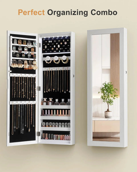 Six LED Mirror Jewelry Cabinet With Large Capacity Lockable Armoire Door Or Wall Mounted Jewelry Organizer Built In Jewelry Storage White Finish Perfect Gift Idea, open view with jewelry displayed and closed mirror view