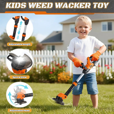 Child playing outside with 3-in-1 Kids Yard Tools Set With Realistic Lights And Sounds, Kid-Friendly Weed Wacker Toy