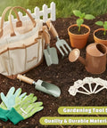 Kids Gardening Tool Set For Ages 3 To 6 With Tote Bag Gloves Shovel Rake Cultivator Watering Can And Flower Pots displayed on soil