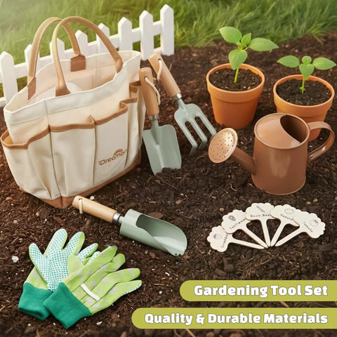 Kids Gardening Tool Set For Ages 3 To 6 With Tote Bag Gloves Shovel Rake Cultivator Watering Can And Flower Pots displayed on soil