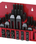 One Half Inch Clamping Kit With Twenty Four Studs, Six Pairs Of Step Blocks, Six Five Eighth Inch T Nuts, Flange Nuts, on Rack