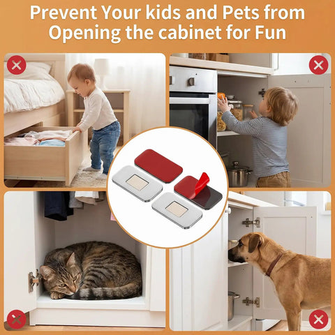 Ultra Thin Cabinet Magnets 8 Pack No Fuss Closure With Adhesive Door Catch shown preventing pets and kids from opening cabinets