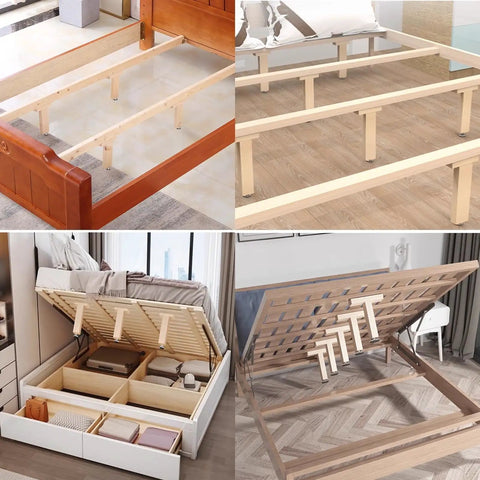 4 Pack Adjustable Wooden Bed Slat Support Legs With Height Adjustable Center Support For Diy Fur Bed Sturdy Wood Furniture Feet Replacement 12 To 14 Cm For Stable Sleep And Floor Protection, showing assembly on various bed frames.