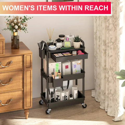 Three Tier Rolling Utility Cart With Removable Drawer Sturdy Black Mobile Storage Cart On Two Lockable Wheels for makeup