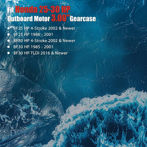 Text listing compatible Honda 25-30 HP outboard motors over ocean waves background.