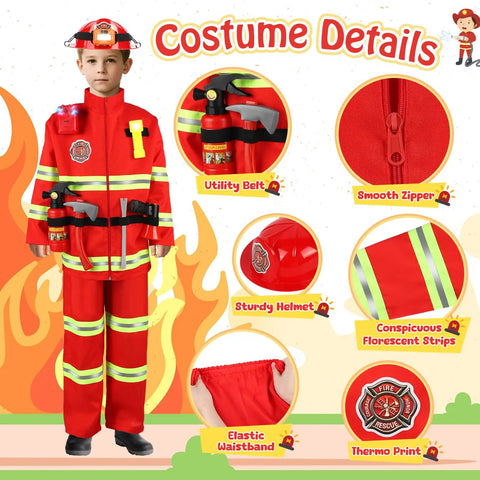 Rad Firefighter Dress Up Costumes For Kids With Lit Glow Helmet Water Sprayer Axe Walkie Talkie Badge And Tool Accessory Set Perfect For Youth Age 4 To 12 with utility belt, sturdy helmet, elastic waistband.