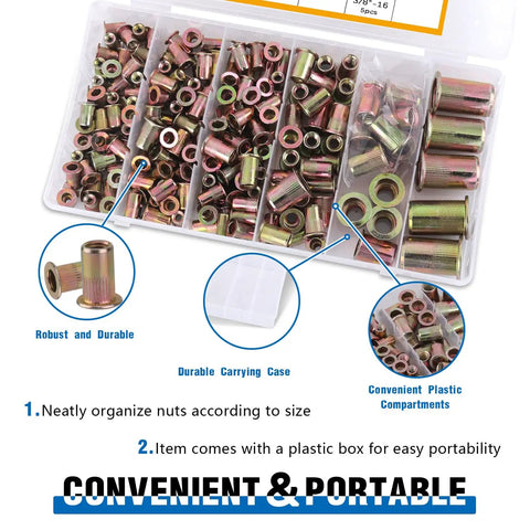 Rivet Nut Tool Kit 400 Pcs With SAE And Metric Rivet Nuts, Carbon Steel Flat Head Nutserts in organized plastic case