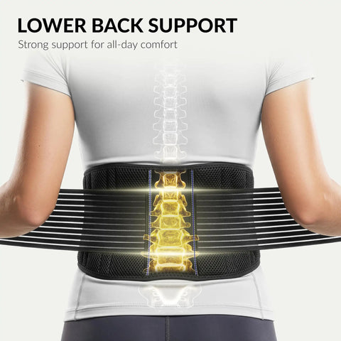 Back Support Belt For Men And Women Breathable Lumbar Brace For Sciatica And Herniated Discs Scoliosis Relief Low Back Pain Prevention Dual Adjustable Straps XXL Size All Day Comfort And Support shown on model