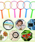 Colorful 48 Pack 5 Inch Kids Magnifying Glass Set, 5X Hand Lenses for science class and outdoor exploration shown with uses.