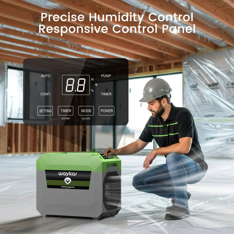 Industrial Grade 150 Pint Commercial Dehumidifier With Built In Pump And Drain Hose in use, displaying control panel and man adjusting settings.