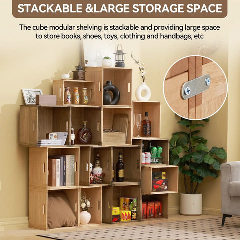 Stackable wood storage cubes for home and office organization with open cubby shelves for books and multi-purpose storage