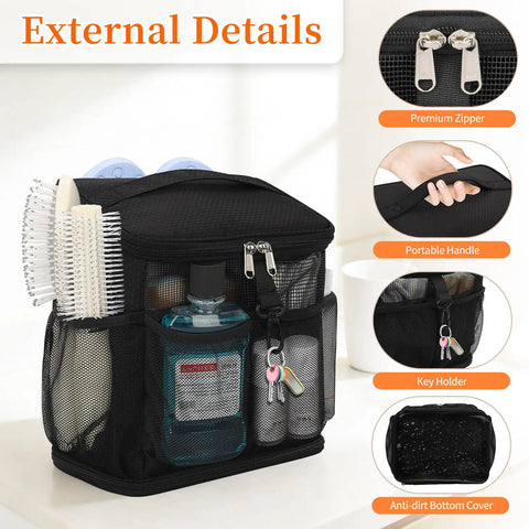 Portable Mesh Shower Caddy For Bathroom Gym Travel Camping Quick Dry Hanging Organizer with handle and toiletries.