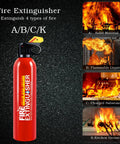 Close-up of an 8 Pack Fire Extinguisher Spray Stop Fires Dead Class A B C K, showing types A, B, C, K for fire classes with vivid flames.