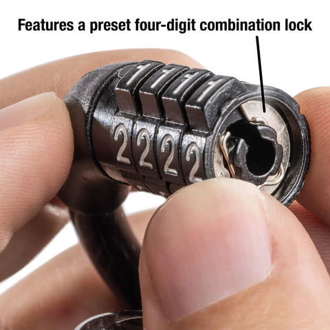 Close-up of 4 Foot Braided Steel Bike Cable Lock With Four Digit Combination Vinyl Coated Bicycle Lock showing keypad