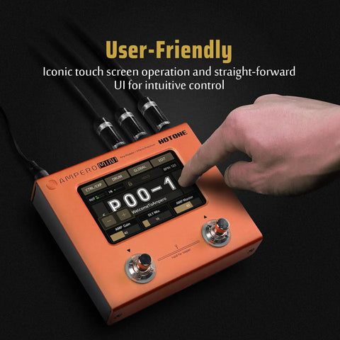 Person using Ampero Mini MP-50 Guitar and Bass Amp Modeling Console With IR Cabinets, 198 Presets, 4 inch color touch screen