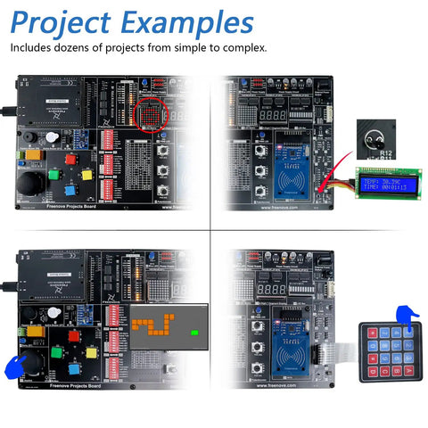 Projects Kit With Control Board V4 For Arduino IDE, demonstrating electronic circuits and components with step-by-step guides.