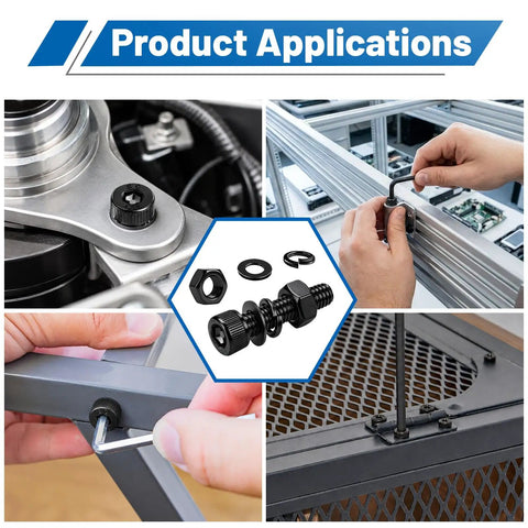 Top Shelf 190PC M6 Hex Socket Head Cap Screw And Nut Assortment Kit With Washers featuring durable 12.9 alloy steel in various application examples.