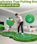 Man practicing on a 5ft By 10ft Golf Putting Green Mat For Indoor Outdoor Practice With Real Green Feel And Realistic Turf Large Pro Grade Training Mat