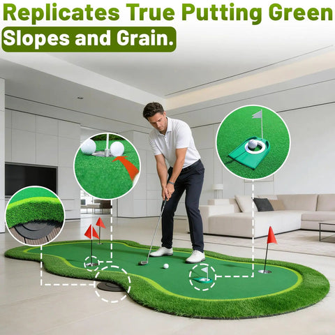 Man practicing on a 5ft By 10ft Golf Putting Green Mat For Indoor Outdoor Practice With Real Green Feel And Realistic Turf Large Pro Grade Training Mat