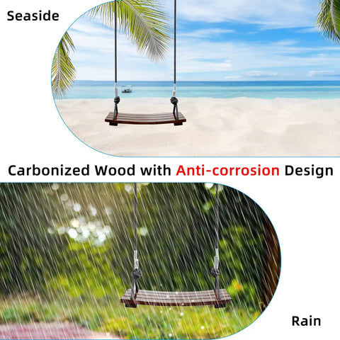 Heavy Duty Wood Swing Seat Carbonized Outdoor Swing for Adults and Kids, showing anticorrosive design in seaside and rain