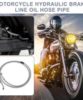 Motorcycle with 55.12 Inch Stainless Steel Braided Motorcycle Brake Line With 10mm ID 28 Degree Banjo Ends For ATV Motocross And Sport Bikes Hydraulic Brake Hose Silver Tone