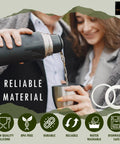 Couple pouring drink from bottle, highlighting BPA-free silicone gaskets for classic vacuum insulated wide mouth bottles
