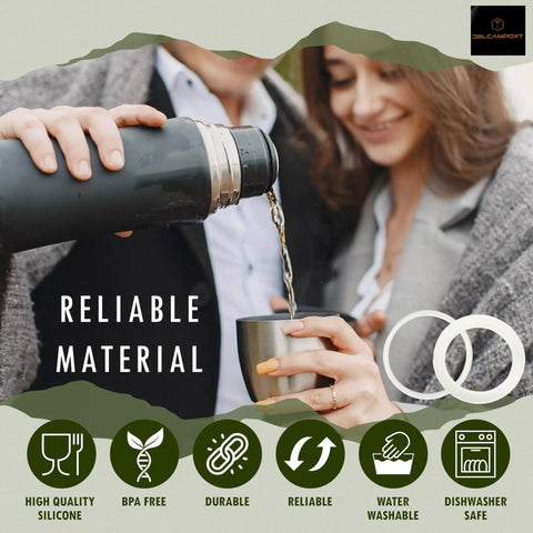 Couple pouring drink from bottle, highlighting BPA-free silicone gaskets for classic vacuum insulated wide mouth bottles