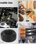 Heavy Duty Flexible Corrugated Conduit Sleeve No Sweat Installation Black Wire Tubing with Point Eight Inch Inner Gap and One Inch Outer Size for Sixty Five Foot Home Fixes and Yard Runs shown in versatile application settings.