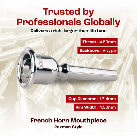 French Horn Mouthpiece PAX-5.5 Silver-Plated With V-Type Backbore For Tonal Focus And Crisp, Silky Response, Balanced Mass Distribution For Projection, Stability And Comfort On Stage Or In Rehearsal., silver-plated 17.4mm cup, 4.3mm rim, V-backbore