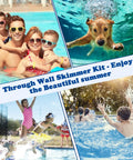 Family and pets enjoying summer pool with Through Wall Skimmer Kit, highlighting Above Ground Pool Skimmer Kit With Wide Mouth Thru-Wall Opening.