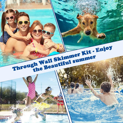 Family and pets enjoying summer pool with Through Wall Skimmer Kit, highlighting Above Ground Pool Skimmer Kit With Wide Mouth Thru-Wall Opening.