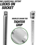 11 Inch Quarter Inch Drive Socket Extension with chrome plated steel finish, featuring knurled shank and ball detent mechanism.