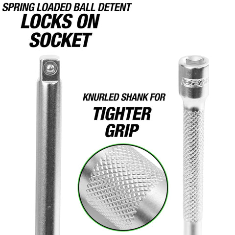 11 Inch Quarter Inch Drive Socket Extension with chrome plated steel finish, featuring knurled shank and ball detent mechanism.