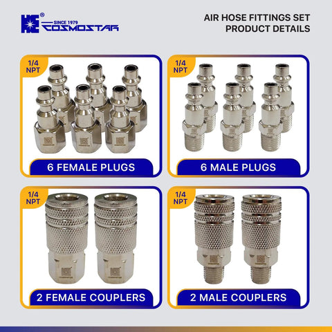 Cosmostar chrome 1/4 in NPT air hose fittings set with 6 female plugs, 6 male plugs, 2 female couplers, 2 male couplers.