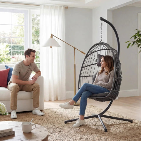 Indoor Outdoor Egg Chair With Stand For Patio And Balcony Wicker Swing Egg Chair Rust Resistant Steel Frame And Heavy Duty Stand Adjustable Suspension Chain 350 Lb Capacity Charcoal Grey shown in living room setup