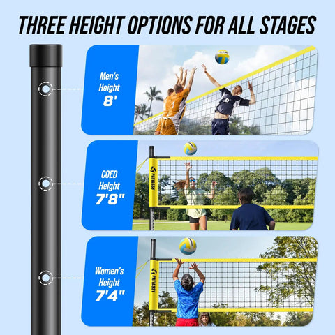 Portable Outdoor Volleyball Net System With Adjustable Height Poles Includes Volleyball, Pump, Hammer, Boundary Line And Carry Bag For Backyard, Beach Or Lawn No Fuss Setup And Durable Steel Construction showing three height options for men, coed, and women.