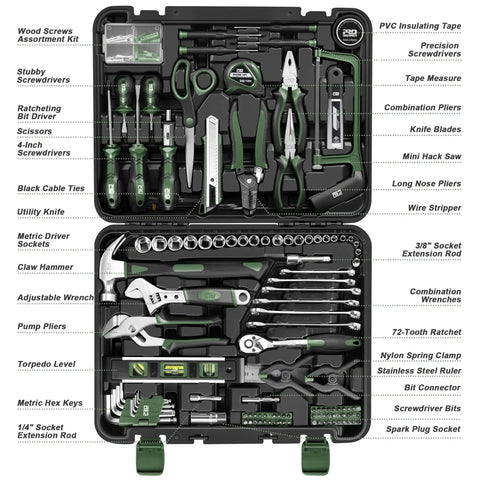 Full open view of 259 Piece Home And Car Tool Kit with Portable Plastic Storage Toolbox showing organized hand tools inside.