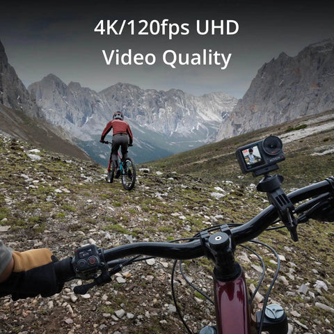 Cyclists in mountains using Osmo Action 4 Waterproof Action Camera Bundle With 4K 120fps, 1/1.3 Inch Sensor on handlebars
