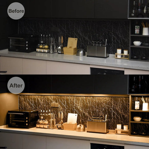 Under Cabinet LED Lighting Kit With 6 12 Inch Light Strips, 2000 Lumen Ultra Bright Warm White installed on kitchen counter