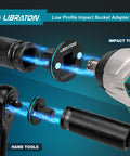 Low Profile Impact Socket Adapter Set with 5 Piece Magnetic Drive Converter Kit for Tight Spaces shown with tools.
